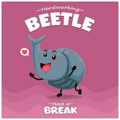 Vintage Insect poster design with vector horn beetle character.