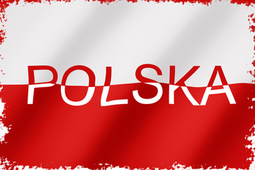 Polish flag with the inscription POLAND in Polish - wavy from the wind