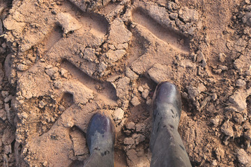 The farmer wear boots walking on the soil with suture tractor.