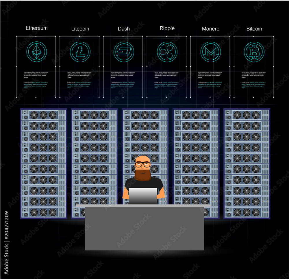 Poster server room, block chain texhnology, crypto currency mining, big data processing. man on computer on