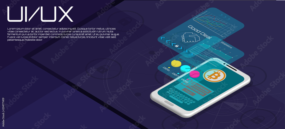 Poster Market Trend Analysis on Smartphone With Graphs in Isometric Flat Design Style.  Web Banner on Mobile Stock Trading Concept, Online Trading Forex, Bitcoin. Vector Isometric Flat Style. Bitcoin Deal