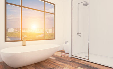 Fototapeta na wymiar Bathroom interior bathtub. 3D rendering.. Sunset