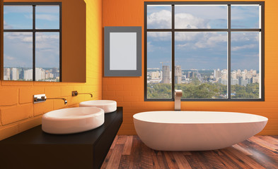 Bright new bathroom interior. 3D rendering. . Empty paintings