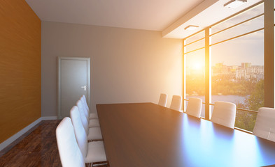 Sunset Front view of an office interior with a row of dark wood tables. 3D rendering.