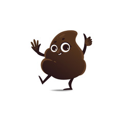 Cheerfu brown poop character with legs and arms waving hands with happy facial expression. Funny smilling crap or shit excrement. Vector cartoon isolated illustration.
