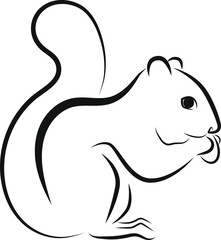 graphic stylized linear black squirrel on a white background in profile with a nut