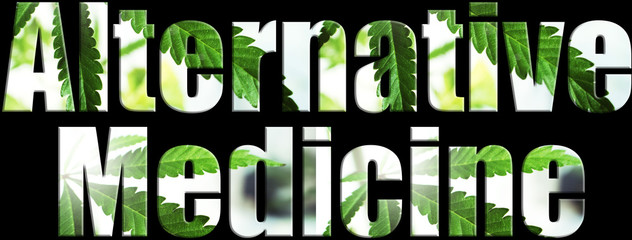 
Alternative Medicine Logo With Black Background With Marijuana Leafs Inside Lettering