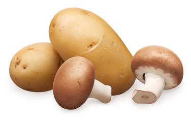 Two royal champignon mushrooms and unpeeled potatoes