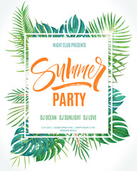 Summer party poster. Hand written lettering with exotic palm leaves and plants background. Brush painted letters, modern calligraphy, vector illustration