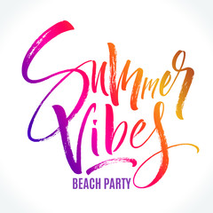 Summer Vibes Beach Party lettering background in bright colors. Brush painted letters, template for banner, flyer or gift card. Modern calligraphy, vector illustration