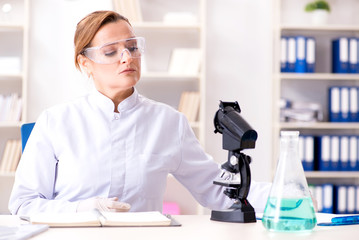 Woman chemist working in hospital clinic lab