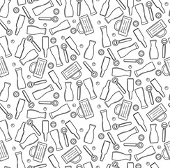 Vector beer theme seamless pattern. Outline utensils for pub. Texture alcohol drinks