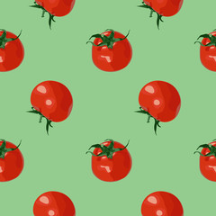 Vector seamless pattern with red realistic tomatoes on green background. Design for menu, wrapping, website