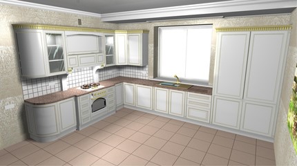 kitchen white classic 3D rendering