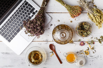 Fototapeta na wymiar Herbal tea for home medicina, flat lay on table