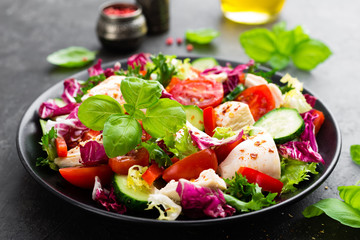 Salad with chicken meat. Fresh vegetable salad with chicken breast. Meat salad with chicken fillet and fresh vegetables on plate