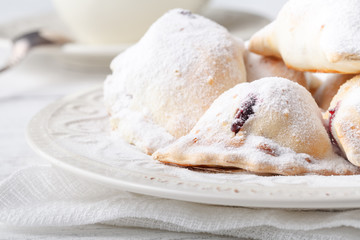 Baked sweet patty filled with berry jam on a plate. Small berry pie, variety of bakery on the background