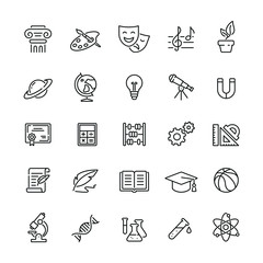 School subjects related icons: thin vector icon set, black and white kit © Mykola