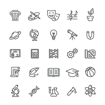 School subjects related icons: thin vector icon set, black and white kit