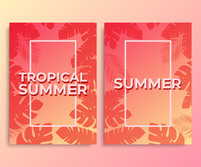 Summer tropical backgrounds. Posters with palms leaves and sunset. Vector illustration