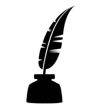 Black silhouette. Quill and Inkwell color icon. Black writing feather. Pen symbol illustration. Vector illustration isolated on white background