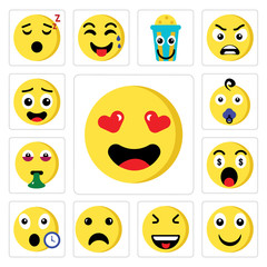 Set of In love, Happy, Laughing, Sad, Late, Greed, Sick, Baby boy, Sad icons