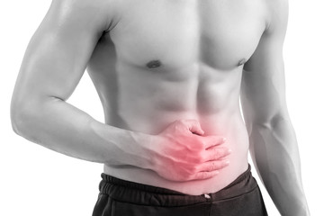 A muscle man with stomach pain, isolated on white background