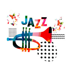 Music colorful background with trumpet vector illustration design. Music festival poster, creative trumpet design with word jazz. Typographic banner © abstract