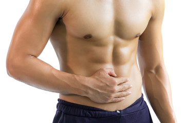 Fototapeta premium A muscle man with stomach pain, isolated on white background