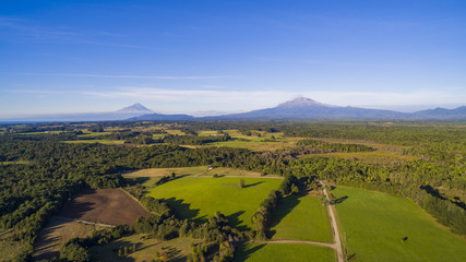 Farms with view to the Calbuco Volcano, two days after the eruption in April of 2015