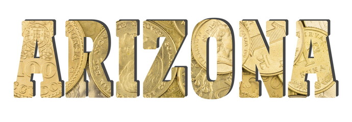 Arizona. Shiny golden coins textures for designers. White isolate