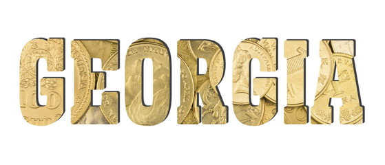 Georgia. Shiny golden coins textures for designers. White isolate