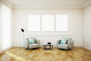 Bright white living-room with poster