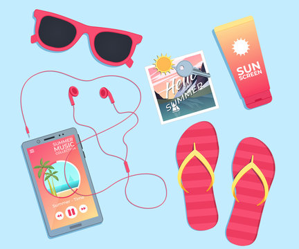 Summer background. Template with sunglasses, flip flops and sunblock. Vector illustration