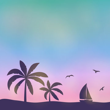 Summer sunset - multicoloured background with palms. Vector.