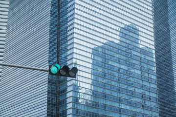 close-up of window walls skyscrapers background