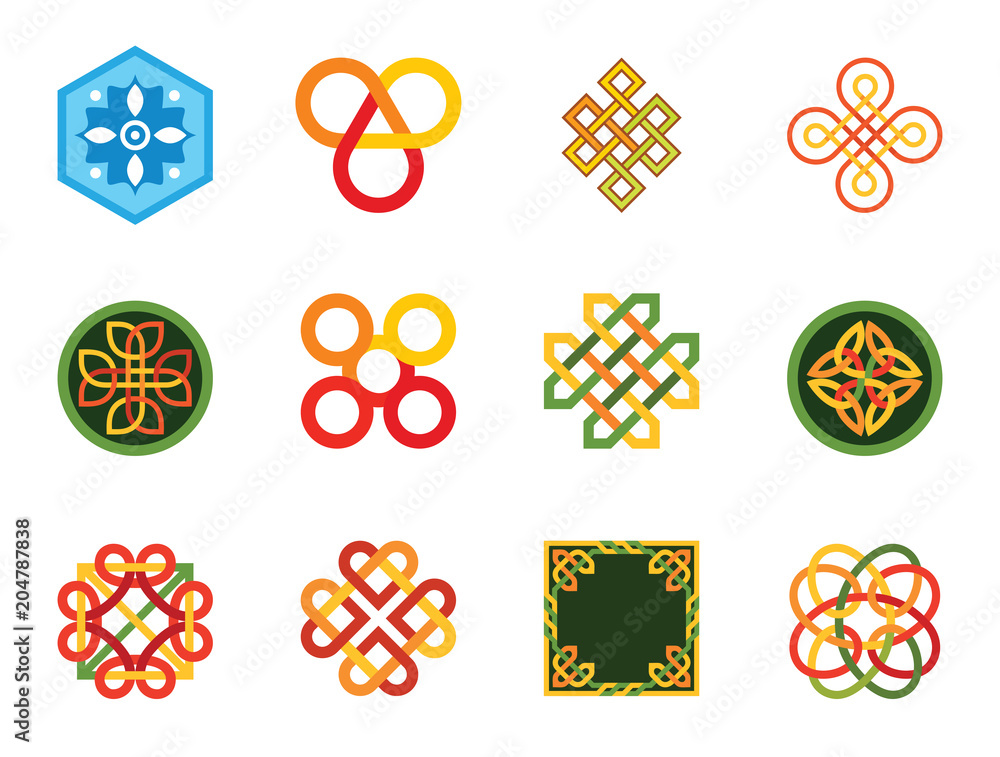 Poster pattern icon set. hexagon pattern infinite knot traditional knot chinese amulet round pattern creati
