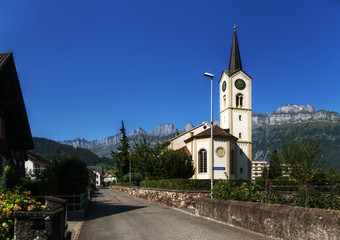 Fototapeta na wymiar Flums, Swiss alpine town near Walenstadt