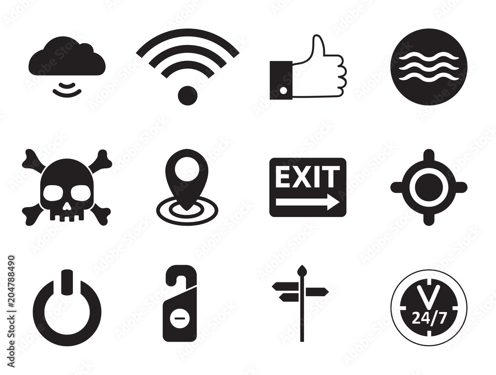 Poster power simple icons set with wi-fi signal, exit sign and power symbol. thirteen vector icons