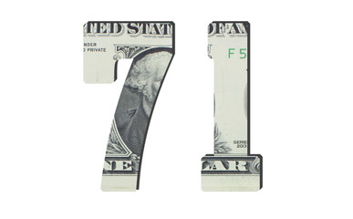 71 Number. American dollar banknotes. Money texture. Isolated on white background