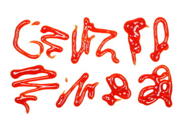 Set red ketchup splashes isolated on white background, tomato pure texture, top view