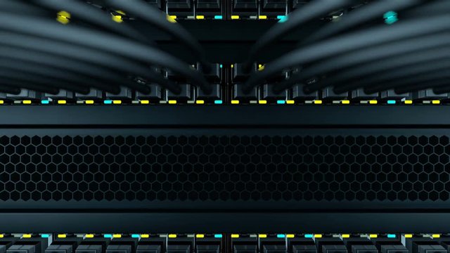 Camera moves from bottom to top of a server rack. In a server rack installed many of network switches with black patch cords. Status LEDs flashes on the front panels of a network equipment, loop