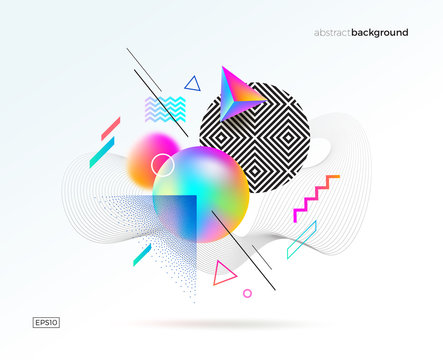 Vector astract design with different geometric, 3d, linear and stipple shapes. Abstract multicolored composition.