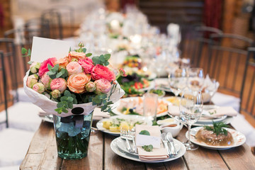 food, nature, decor concept. there is a still nature composed of marvelous bouquet of roses and...