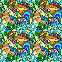 Seamless psychedelic pattern. Beautiful colorful background. Backdrop for the preview. Drawing in retrostile. Vintage image.
