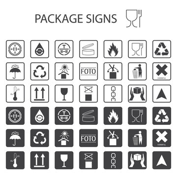 Vector packaging symbols on white background. Shipping icon set including recycling, fragile, the shelf life of the product, flammable, non-toxic material, this side up, other symbols. 