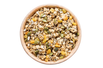 Close up top view granola in the bowl on isolated with clipping path.