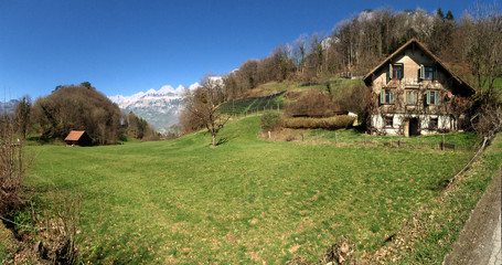 Fields Behind Berschis showing Churfirsten, Swiss Alps