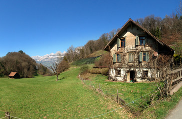 Fields Behind Berschis showing Churfirsten, Swiss Alps