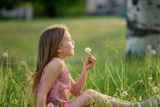 pretty little girl blowing a dandelion on a summer day in the park